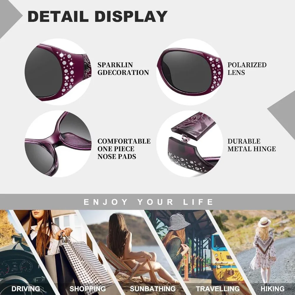 Womens Polarized Purple Frame Eyes Protection Sunglasses Rhinestone Around Wrap